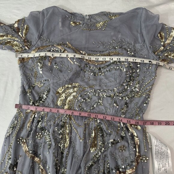 NWT $798 Mac Duggal [ 14 ] Long Sleeve Embellished Illusion Gown‎ Platinum Gold - Picture 3 of 15